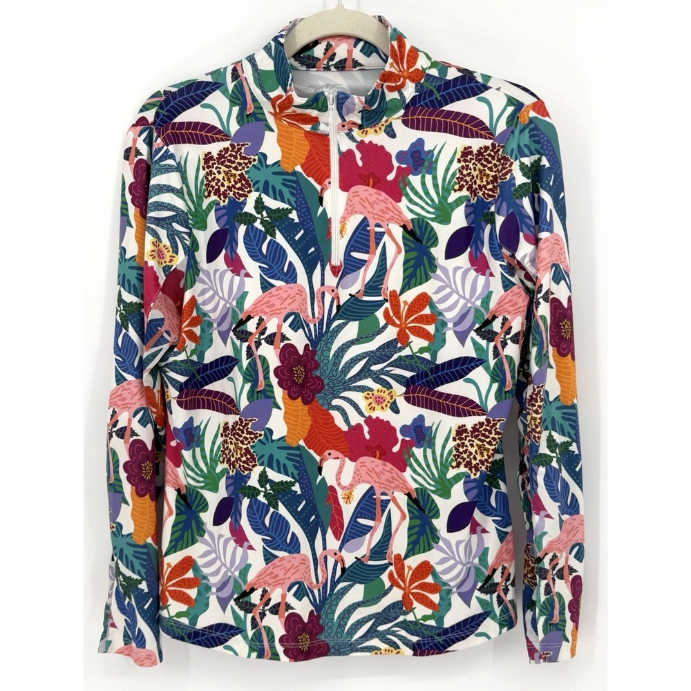 X by Gottex Womens M 1/4 Zip Tropical Tennis Golf Top Flamingo Floral Print
